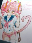  1girl :3 absurdres ahoge amagami_eraa animal_ears blush bow breasts buttons cat cat_ears cat_girl cat_tail clenched_hands cowboy drill_hair grin halo heart highres legs marker neckerchief original panties paw_pose photo_(medium) pink_panties rainbow rori_(amagami_eraa) sailor shirt simple_background small_breasts smile solo standing tail thighhighs traditional_media twintails underwear white_background white_thighhighs yellow_bow 