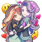  2girls :d :p aegyo_sal alternate_skin_color aqua_dress aqua_shirt aqua_streaks armband bare_arms beanie black_jacket blonde_streaks chinese_commentary closed_mouth collared_jacket commentary_request cowboy_shot curtained_hair double-parted_bangs dress emoji equestria_girls:_rainbow_rocks green_eyes grey_pants grin hair_between_eyes hand_on_another's_waist hands_on_another's_back hat heads_together heart heart_background highres hug hulianwangpingguo jacket long_hair looking_at_viewer multicolored_hair multiple_girls mutual_hug my_little_pony my_little_pony:_equestria_girls my_little_pony:_friendship_is_magic official_alternate_costume open_clothes open_jacket orange_armband outline pants pink_hat pink_trim puffy_short_sleeves puffy_sleeves purple_eyes purple_hair red_hair shirt short_sleeves sidelocks simple_background sleeveless sleeveless_jacket smile standing star_(symbol) star_print starlight_glimmer starlight_glimmer_(equestria_girls) streaked_hair sunset_shimmer sunset_shimmer_(human) tongue tongue_out two-tone_hair unicorn v-neck very_long_hair watch wavy_hair white_background white_outline wristwatch 