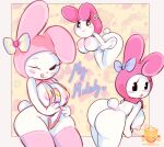 absurd_res anthro areola bent_over big_breasts big_butt black_eyes blush blush_stickers border breasts butt clothing cosmicpussycat cotton_tail easter eyelashes female flower_on_head fur grey_border head_bow headgear headwear hi_res holidays lagomorph legwear leporid looking_at_viewer looking_back looking_back_at_viewer mammal my_melody nipples one-piece_swimsuit one_ear_up one_eye_closed onegai_my_melody pink_areola pink_clothing pink_headwear pink_legwear pink_nipples pink_thigh_highs rabbit sanrio simple_background sling_bikini smile solo swimwear text thick_thighs thigh_highs tongue tongue_out white_body white_fur wide_hips wink winking_at_viewer yellow_background yellow_nose