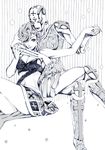  bra breasts cleavage crossed_legs eyelashes graphite_(medium) greyscale hatching_(texture) highres holding_hands jojo_no_kimyou_na_bouken medium_breasts monochrome navel nobita sitting skirt spice_girl_(stand) stand_(jojo) striped striped_background traditional_media trish_una underwear vento_aureo 