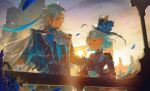  1boy 1girl ahoge ascot asymmetrical_gloves black_gloves blue_ascot blue_gem blue_hair blue_hat blue_jacket blush brooch closed_eyes closed_mouth cloud furina_(genshin_impact) gem genshin_impact gloves hair_between_eyes hat highres jacket jewelry light_particles long_hair mismatched_gloves multicolored_hair neuvillette_(genshin_impact) outdoors revision short_hair sidelocks sky smile streaked_hair sunlight sunset tomanattsu top_hat two-tone_hair upper_body white_ascot white_gloves white_hair 