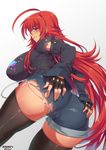  1girl ahoge ass ass_grab black_shirt blue_eyes breasts denim denim_shorts detached_sleeves fingerless_gloves from_behind gloves high_school_dxd huge_breasts long_hair looking_at_viewer looking_back pantylines parted_lips red_hair rias_gremory shirt short_shorts shorts simple_background smile solo stormcow thighhighs torn_shorts very_long_hair 