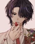  18trip 1boy black_hair commentary earrings hair_between_eyes head_tilt highres holding jacket jewelry kinugawa_kiroku long_sleeves looking_at_viewer male_focus multicolored_hair parted_bangs parted_lips portrait short_hair simple_background single_earring streaked_hair white_background white_jacket yukiomi_frog 