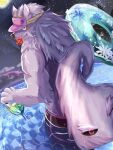 anthro bathym_(tas) beach canid canine canis clothing container cup demon drinking_glass flower fluffy fluffy_tail fur glass glass_container glass_cup hat headgear headwear hi_res horn inflatable inner_tube kidora_pokipoki lifewonders living_tail looking_at_viewer looking_back looking_back_at_viewer male mammal night one_eye_closed plant purple_body purple_fur rear_view rose_(flower) smile solo swimwear tail tokyo_afterschool_summoners unusual_anatomy unusual_tail visor_cap wine_glass wink wolf