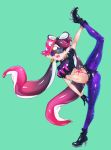  1girl aori_(splatoon) aqua_background black_footwear black_gloves crop_top earrings fangs food food_on_head gloves gluteal_fold hair_ornament high_heels highres jewelry jtveemo leg_lift leg_up legwear_under_shorts long_hair looking_at_viewer navel nintendo object_on_head open_mouth pantyhose pointy_ears puffy_short_sleeves puffy_sleeves purple_hair purple_legwear short_shorts short_sleeves shorts simple_background smile solo splatoon splatoon_(series) splatoon_2 stomach sunglasses tattoo thong toned very_long_hair 