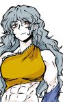  abs blue_sleeves detached_sleeves grey_hair hidden_star_in_four_seasons highres muscular_arms red_eyes sakata_nemuno sleeveless_tunic smirk toned toned_female touhou tunic umbrie yamanba_(mythology) yellow_tunic 