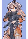 anthro arm_warmers armwear clothed clothing gun hi_res kemono lagomorph legwear leporid magic_dream00 male mammal rabbit ranged_weapon simple_background solo stockings submachine_gun tabard weapon