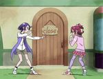  2girls aida_mana animated animated_gif battle building cape capsule dodging dokidoki!_precure door duel fighting fighting_stance flying_kick full_body grass indoors kenzaki_makoto kicking layered_skirt long_sleeves lowres miniskirt motion_lines multiple_girls outdoors palm_strike precure punching red_skirt shorts sign skirt standing thighhighs 