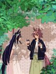  1girl 2girls absurdres agnes_tachyon_(umamusume) ahoge animal_ears black_hair black_jacket bow_hairband brown_hair closed_mouth cup disposable_cup dress ear_tag earrings gachitamago green_skirt grey_dress grey_hairband hair_between_eyes hairband highres holding holding_cup horse_ears horse_girl horse_tail jacket jewelry long_bangs long_hair long_hair_between_eyes long_sleeves manhattan_cafe_(umamusume) medium_hair multicolored_hair multiple_girls official_alternate_costume open_clothes open_jacket red_eyes shirt short_sleeves single_earring skirt smile tail umamusume very_long_hair white_hair white_shirt 