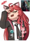  1girl absurdres ahoge animal_ear_fluff animal_ears black-framed_eyewear black_choker black_jacket black_necktie cat_ears cat_girl choker closed_eyes glasses highres jacket long_hair looking_at_viewer nanally_(neverness_to_everness) necktie neverness_to_everness photo-referenced rami_(rmtt588) red_hair shirt smile solo teeth upper_teeth_only very_long_hair white_shirt 