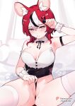  1girl absurdres animal_ears arm_strap arm_up armpits bare_shoulders black_leotard black_streaks blue_eyes bow breasts cleavage commentary double-parted_bangs english_commentary engrish_commentary hair_between_eyes hakos_baelz highleg highleg_leotard highres hololive hololive_english leotard looking_at_viewer medium_hair mouse_ears mouse_girl mouse_tail multicolored_hair namiorii neck_ribbon on_bed partially_visible_vulva red_hair ribbon sitting solo spread_legs strapless strapless_leotard streaked_hair tail tail_bow tail_ornament thighhighs virtual_youtuber white_leotard white_streaks white_thighhighs wrist_cuffs 