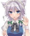  animal_ears asa_(coco) blue_eyes blush bow braid cat_ears fang hair_bow izayoi_sakuya kemonomimi_mode looking_at_viewer maid_headdress open_mouth puffy_sleeves ribbon shirt short_hair short_sleeves silver_hair simple_background solo sweat text_focus touhou translated twin_braids upper_body vest white_background wrist_cuffs 