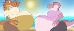 2024 anthro belly big_belly big_breasts bottomwear breasts clothing digital_media_(artwork) dinosaur duo female hi_res horn huge_belly light multicolored_body multicolored_scales navel non-mammal_breasts non-mammal_navel orange_body orange_scales outie_navel pants pink_body pink_scales pregnant pregnant_anthro pregnant_female prehistoric_species purple_eyes reptile saurischian scales scalie shirt sun sunlight teeth theropod thick_thighs topwear two_tone_body two_tone_scales tyrannosaurid tyrannosauroid tyrannosaurus tyrannosaurus_rex virus-20 yellow_eyes