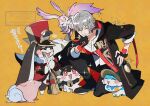  1boy 1girl 4others animal_ears animal_nose bell black_boots black_fur black_gloves black_jacket black_pants blue_fur blush_stickers boots bright_pupils broom brown_hat bubbles_(honkai:_star_rail) caelus_(honkai:_star_rail) caelus_(vim_and_vigor)_(honkai:_star_rail) chain chimera_(honkai:_star_rail) chinese_clothes closed_eyes collarbone creature dragon_print dress eyelashes fingerless_gloves flying full_body fur-trimmed_jacket fur_trim gloves gold_chain grey_hair hair_between_eyes hand_on_own_chin hand_on_own_hip hand_up happy hat highres holding holding_broom honkai:_star_rail honkai_(series) hood hooded_jacket innertube jacket jingle_bell lapels looking_at_another looking_up male_focus mem_(honkai:_star_rail) multiple_others official_alternate_costume on_one_knee open_clothes open_jacket open_mouth orange_background otter_ears pants peaked_cap pink_eyes pink_fur pirohi_(pirohi214) pocket_watch pom-pom_(honkai:_star_rail) rabbit_ears red_hat red_jacket shirt short_hair simple_background smile sparkle standing star_(symbol) star_print sun_hat swim_ring tail tangzhuang tassel teeth trailblazer_(honkai:_star_rail) two-sided_fabric two-sided_jacket two-tone_fur v-shaped_eyebrows watch watermark white_dress white_fur white_pupils white_shirt 