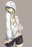  bangs bike_shorts black_panties breasts green_eyes green_hair green_legwear green_panties hair_between_eyes hair_over_breasts highres hood jikeshi medium_breasts no_bra original panties panties_under_shorts shorts shorts_pull simple_background solo standing striped striped_panties thighhighs underwear 