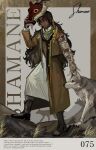  1boy beard black_boots black_hair boots border brown_border brown_coat brown_eyes character_name character_signature coat dark-skinned_male dark_skin english_text facial_hair fragrance_(freakyduck9000) full_body highres holding holding_mask long_hair looking_at_viewer male_focus mask mature_male mechanical_arms multicolored_scarf prosthesis prosthetic_arm reverse:1999 robe rock scarf shamane single_mechanical_arm solo standing unworn_mask white_robe wolf 