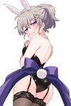  1girl animal_ear_hairband animal_ears ass black_leotard black_thighhighs blush bow breasts commentary_request cowboy_shot fake_animal_ears fake_tail finger_to_mouth from_behind garter_straps grey_hair hair_between_eyes hairband highres lace-trimmed_thighhighs lace_trim leotard looking_at_viewer looking_back ma_tsukasa parted_lips playboy_bunny purple_bow purple_eyes rabbit_ear_hairband rabbit_ears rabbit_tail short_hair shushing simple_background slow_loop small_breasts solo strapless strapless_leotard tail thighhighs white_background white_hairband yoshinaga_koi 