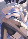  1girl alsace_(azur_lane) animal_ear_hairband animal_ears areola_slip ass azur_lane belt black_belt black_garter_straps black_thighhighs blue_eyes blue_hair blue_nails blue_ribbon breasts building fake_animal_ears garter_straps hairband highres large_breasts nail_polish night playboy_bunny rabbit_ear_hairband rabbit_ears ribbon solo tako-san_wiener_(takosanuma) thick_thighs thighhighs thighs white_wrist_cuffs wrist_cuffs 