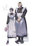  2boys apron black-framed_eyewear black_dress black_hair black_socks bug centipede closed_eyes closed_mouth corbeau_(pokemon) crossdressing crossdressing_(mtf) dress duster eyewear_strap facial_hair feather_duster glasses highres holding holding_duster kitsune_(ly_howe) long_sleeves maid male_focus male_maid mohawk multiple_boys musical_note mutton_chops necktie parted_hair philippe_(pokemon) pokemon pokemon_(creature) pokemon_legends:_z-a purple_hair round_eyewear scolipede shoes short_hair short_sideburns sideburns socks undercut white_apron white_socks yellow_eyes yellow_necktie 