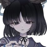  1girl animal_ear_fluff animal_ears black_eyes black_hair black_nails black_ribbon blue_archive blue_string commentary_request dot_nose eyebrows_hidden_by_hair fingernails highres kikyou_(blue_archive) long_fingernails looking_at_viewer medium_hair parted_lips portrait ribbon shirt solo user_mwju5424 white_background white_shirt 