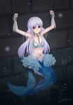  1girl air_bubble alternate_costume angel_beats! animalization armpits arms_up bikini bikini_skirt blue_bikini bound bubble chain chinese_commentary commentary_request commission criss-cross_halter cuffs fins fish_tail flower full_body furrowed_brow hair_between_eyes halterneck handcuffs head_fins highres light_particles long_hair looking_at_viewer merfolk mermaid monster_girl monsterification o-ring o-ring_bikini o-ring_top parted_lips partially_submerged pink_flower pink_rose restrained ripples rose shell sidelocks signature solo stomach straight_hair swimsuit tachibana_kanade tail tearing_up very_long_hair w66641048 water white_hair yellow_eyes 