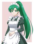  1girl alternate_costume apron border breasts brown_background collared_dress commentary_request dress earrings enmaided fire_emblem fire_emblem:_the_binding_blade green_dress green_eyes green_hair high_ponytail highres jewelry juliet_sleeves long_hair long_sleeves looking_at_viewer lyn_(fire_emblem) maid maid_day maid_headdress medium_breasts ponytail puffy_sleeves sentihistory simple_background smile solo very_long_hair white_apron white_border 
