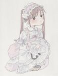  1girl aponikuru_e brown_hair dress frilled_dress frilled_sleeves frills hairband highres juliet_sleeves kneehighs lolita_fashion lolita_hairband long_hair long_sleeves looking_at_viewer original pink_dress platform_shoes puffy_sleeves rocking_horse_shoes shoes simple_background smile socks solo squatting twintails 