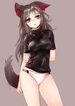  absurdres animal_ears arm_behind_back bra breasts brown_hair collarbone covered_nipples hand_on_own_arm highres imaizumi_kagerou long_hair looking_at_viewer medium_breasts nama_shirasu no_pants open_mouth panties rash_guard red_eyes see-through shirt solo tail touhou underwear very_long_hair wet wet_clothes wet_hair wet_shirt white_panties wolf_ears wolf_tail 