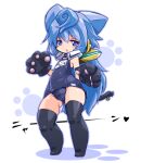  1boy animal_hands ass_visible_through_thighs black_thighhighs blue_eyes blue_hair blush bulge cat_tail full_body gloves hacka_doll hacka_doll_3 karukan_(monjya) long_hair male_focus one-piece_swimsuit paw_gloves revision school_swimsuit solo standing swimsuit tail thighhighs trap 