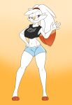 2026 anthro barefoot big_breasts bottomwear breasts clothed clothed_anthro clothed_female clothing crop_top feet female fur generation_8_pokemon hair hanabi_(irohcard) hi_res long_ears looking_at_viewer nintendo orange_body orange_fur pokemon pokemon_(species) sandwich-anomaly scorbunny shirt shorts solo standing topwear white_body white_fur white_hair