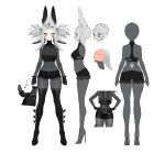  1girl animal_ears black_bodysuit black_boots black_gloves black_shirt black_shorts bodysuit bodysuit_under_clothes boots breasts chest_harness colored_skin dyarikku dyarikku_(vtuber) facial_mark fingerless_gloves fox_ears fox_girl from_behind from_side full_body gloves grey_eyes grey_hair hands_on_own_hips harness highres indie_virtual_youtuber multiple_views reference_sheet shirt shorts sleeveless sleeveless_shirt smile thigh_boots torn_clothes torn_shirt twintails very_long_ears vest virtual_youtuber white_background white_skin x_(symbol) x_facial_mark 