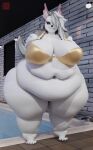 anthro belly big_belly big_breasts big_butt bikini breasts butt clothing female gold_bikini golden_week hellaverse helluva_boss hi_res huge_belly huge_breasts huge_butt huge_hips huge_thighs looking_at_viewer loona_(helluva_boss) obese obese_anthro obese_female overweight overweight_anthro overweight_female slightly_chubby solo standing swimming_pool swimwear thick_calves thick_thighs two-piece_swimsuit vep125 water wide_hips
