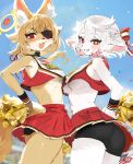  1boy 1girl absurdres animal_ears ass ass_focus bike_shorts black_panties black_shorts blonde_hair blue_background blue_sky blush bow breasts cheerleader confetti cowboy_shot crop_top cross-shaped_pupils eyepatch fangs flat_ass fox fox_boy fox_ears fox_girl fox_tail from_behind from_below furry furry_female furry_male grin hair_bow halo hand_on_own_hip highres holding holding_pom_poms large_breasts looking_at_viewer medium_hair midriff nashinoro_kikuri navel niisha_(nashinoro_kikuri) open_mouth original outdoors panties pleated_skirt pom_pom_(cheerleading) red_eyes red_skirt shorts skirt sky small_breasts smile stadium symbol-shaped_pupils tail thighhighs tongue tongue_out trap underwear white_fur white_thighhighs wristband yellow_fur yellow_halo 
