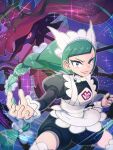  1girl apron black_romper blunt_bangs bow bowtie braid braided_ponytail breasts brown_eyes colored_sclera dragalge eeth green_hair grin highres horns juliet_sleeves leafy_seadragon lebanne_(pokemon) long_braid long_hair long_sleeves maid_apron maid_headdress mega_dragalge mega_pokemon mega_stone open_mouth pokemon pokemon_(creature) pokemon_legends:_z-a puffy_sleeves red_sclera romper runachikku smile thighhighs tsurime white_bow white_bowtie white_thighhighs 