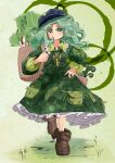  1girl absurdres basket black_hat boots brown_boots closed_mouth collared_shirt contrast_collar food frilled_shirt_collar frills full_body green_eyes green_hair green_nails green_shirt green_skirt hat highres key long_hair long_sleeves looking_at_viewer pocket revision shirt skirt solo spring_onion tooya0130 touhou vegetable walking yamashiro_takane 