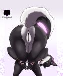 anthro anus ass_up bent_over black_body black_fur blackinkwolf bracelet butt butt_heart canid canine canis clitoris colored digital_media_(artwork) female flexible fur genitals gesture hands_together heart_gesture heart_symbol hi_res jewelry looking_at_viewer looking_back mammal markings nude open_mouth peril_(blackinkwolf) praise_da_booty_(meme) presenting presenting_hindquarters shaded simple_background smile solo tail teeth upside_down vulva wolf
