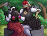 absurd_res alpine_goat anthro bathory_black_(therealnarrowjungle) bench big_breasts black_body black_fur black_hair blouse bottomwear bovid breasts buckteeth caprine cheek_tuft cleavage clothed clothed_anthro clothed_female clothing detailed_background domestic_goat dress duo eye_patch eyebrows eyelashes eyewear facial_hair facial_tuft female female/female floral_print flower footwear fur glistening glistening_breasts goat goatee grass hair hand_on_hip hand_on_own_hip hand_on_shoulder hanna_(wendigoinabox) happy hat headgear headwear hi_res horn huge_breasts inner_ear_fluff irc_(artist) knee_highs knee_socks legwear looking_at_another mammal neck_tuft on_bench open_mouth plant pom_poms red_eyes signature sitting sitting_on_bench skirt small_horn smile socks tan_body tan_fur teeth topwear traditional_dress tree tuft yellow_eyes
