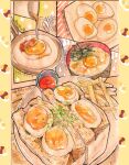  absurdres bowl bread egg_(food) egg_sandwich egg_yolk food food_focus french_fries frying_pan highres ketchup no_humans original pouring sandwich softboiled_egg syrup takisou_sou 