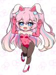  1girl :d angelic_buster animal_background animal_ears arms_up bare_shoulders blue_eyes blue_hair blush breasts brown_pantyhose chibi collarbone covered_groin covered_navel elbow_gloves fang full_body gloves heart heart_in_eye high_heels leotard long_hair maplestory nekono_rin pantyhose pink_gloves pink_hair pink_leotard pink_pupils pink_shoes rabbit_ears shoes small_breasts smile solo standing standing_on_one_leg strapless strapless_leotard symbol_in_eye two_side_up very_long_hair white_background 