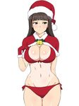  bikini black_eyes black_hair christmas girls_und_panzer hat highres kagemusha long_hair mature nishizumi_shiho santa_hat shawl simple_background solo swimsuit tan tanline white_background 