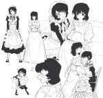  ! 1boy 1girl alternate_costume androgynous apron black_dress blush bottle_1223 commentary_request couple crossdressing crossdressing_(mtf) dress embroidery enmaided fa_yuiry frilled_apron frills gundam hetero highres kamille_bidan korean_commentary maid maid_apron maid_day maid_headdress male_maid monochrome multiple_views puffy_sleeves sewing speech_bubble spoken_exclamation_mark white_apron white_background zeta_gundam 