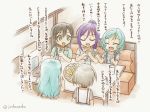  5girls :d ^_^ aoba_moka aqua_hair bang_dream! bangs black_hair braid closed_eyes collared_shirt commentary_request cup drinking_glass eyes_closed food french_fries green_eyes grey_hair hanazono_tae hands_together highres hikawa_hina hikawa_sayo indoors jack_(jacknoeaka) jewelry long_hair multiple_girls necklace open_mouth ponytail purple_hair restaurant seta_kaoru shirt short_hair short_sleeves side_braid sidelocks sitting smile striped suspenders table translation_request twitter_username u_u 