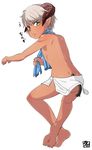  1boy barefoot blush child demon feet horns kaminosaki looking_at_viewer male_focus pointy_ears silver_hair simple_background solo sweat tan toes white_background yaoi yellow_eyes 