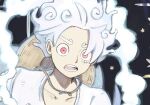  1boy collarbone commentary_request gear_fifth hat hat_on_back male_focus monkey_d._luffy one_piece open_mouth red_eyes scar scar_on_cheek scar_on_face shirasu_lululu shirt short_hair solo straw_hat transformation unworn_hat unworn_headwear upper_body white_hair white_shirt 