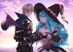  1boy 1girl armor autumn-sacura black_armor black_hairband blonde_hair blue_eyes blue_hair commission couple fire_emblem fire_emblem_fates hairband hat hetero holding_hands leo_(fire_emblem_fates) oc_x_canon original upper_body witch_hat 