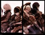  4girls anti-rain_(girls'_frontline) ar-15 assault_rifle bandana bandana_around_neck eyepatch girls'_frontline gloves green_eyes gun headphones highres long_hair m16 m16a1 m16a1_(girls'_frontline) m4_carbine m4_sopmod_ii_(girls'_frontline) m4a1_(girls'_frontline) multicolored_hair multiple_girls nekoya_(liu) particle_cannon_case print_bandana red_eyes revision rifle sepia skull_print smile st_ar-15_(girls'_frontline) streaked_hair weapon weapon_case 