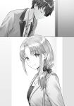  1boy 1girl asamura_yuuta ayase_akiko blazer bow bowing breasts closed_eyes closed_mouth collared_shirt commentary_request earrings gimai_seikatsu greyscale hair_bow highres hiten_(hitenkei) jacket jewelry medium_hair monochrome mother_and_child mother_and_son necklace necktie novel_illustration official_art parent_and_child plaid_clothes plaid_necktie ponytail school_uniform second-party_source shirt short_hair sidelocks smile step-parent_and_step-child 