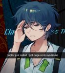  1boy =_= blue_hair bow bowtie closed_eyes collared_shirt danganronpa:_despair_time david_chiem english_text green_bow green_bowtie hair_between_eyes hand_on_own_face highres light_frown messy_hair open_hand screenshot_background shirt short_hair snapchat suspenders teardrop tearing_up undone_bowtie white_shirt xin_ci 