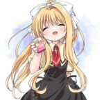  1girl :d ^_^ air_(visual_novel) arm_behind_back ascot black_dress blonde_hair blush bow closed_eyes commentary_request cowboy_shot cross_ornament dress drink_carton eyebrows_hidden_by_hair facing_viewer floating_hair hair_between_eyes hair_bow hand_up happy highres holding holding_drink_carton huge_bow kamio_misuzu light_particles long_hair open_mouth pinafore_dress ponytail red_ascot school_uniform sidelocks signature simple_background sinasia single_hair_intake sleeveless sleeveless_dress smile solo very_long_hair white_bow 