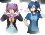  2girls ^_^ arei_nageishi arm_behind_back badge ball black_gloves black_jacket blue_eyes blue_hair blue_shirt blue_shorts bow bowling_ball bowtie button_badge buttons character_name closed_eyes collared_shirt contrast_collar copyright_name danganronpa:_despair_time danganronpa_another double_v fading gloves gradient_hair grin hair_ornament hair_over_one_eye hand_on_own_cheek hand_on_own_face hand_on_own_hip high_braided_ponytail high_side_ponytail highres jacket medium_hair multicolored_hair multiple_girls musical_note musical_note_hair_ornament otonokoji_hibiki partially_fingerless_gloves pink_hair pink_sailor_collar purple_hair rolling_eyes sailor_collar school_uniform shirt short_sleeves short_twintails shorts side_ponytail simple_background smile super_danganronpa_another_2 tongue tongue_out twintails v white_background white_shirt xin_ci yellow_bow yellow_bowtie 